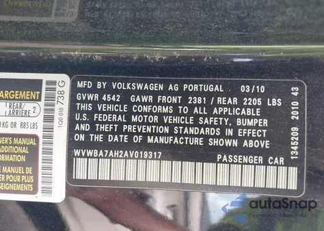 2010 Volkswagen Eos Komfort from USA, damaged, VIN WVWBA7AH2AV019317